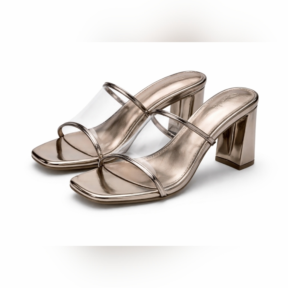 The Drop Clear Strap Block Heel Sandals Sz 10 Pewter Metallic Square Toe Mule.